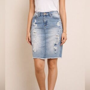 Distressed Light Wash Denim Skirt | Raw Hem | Trendy